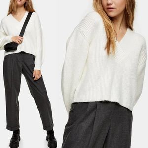 TOPSHOP Ivory V Neck Ribbed Crop Sweater NWT S